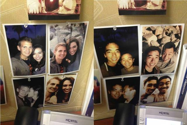 My friend and I decided to update our coworker's pictures of him and his girlfriend at his desk. Took him over an hour to notice.
