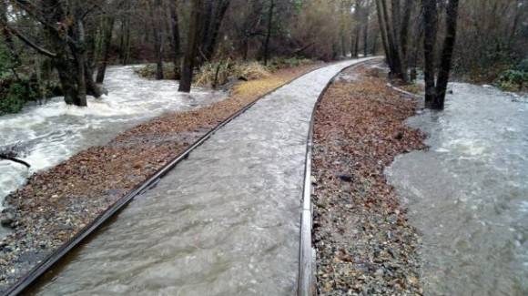 The train tracks won’t let the water escape.