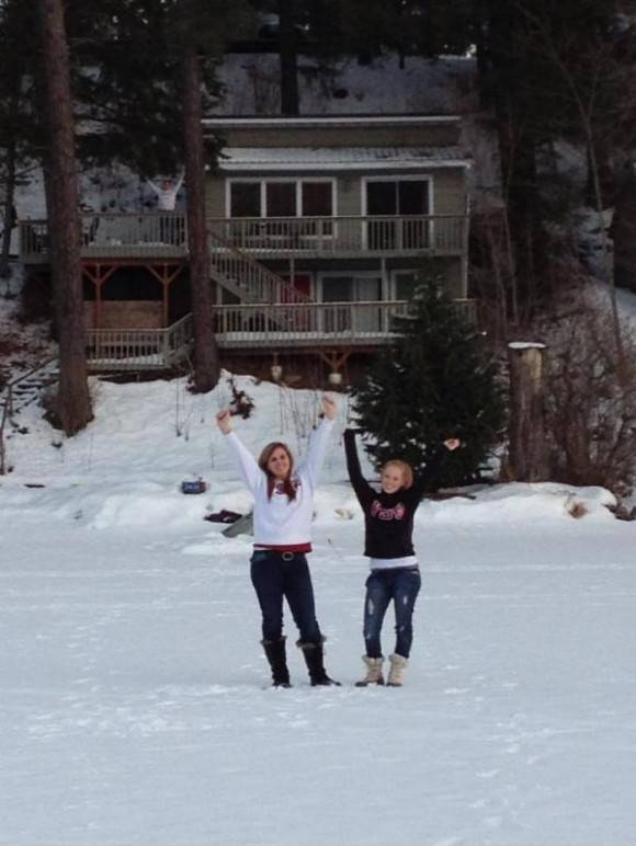 My sister and her friend were excited to walk across the frozen lake. Guess my dad was excited too.