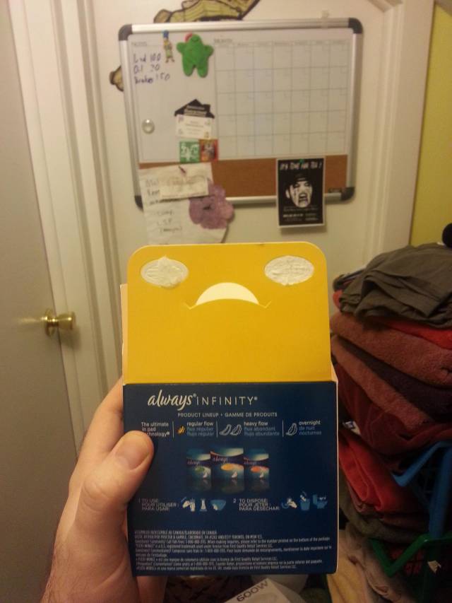 This is the face my GFs box of panty liners is making. I don't share its disgust, because I have a good attitude towards menstruation.
