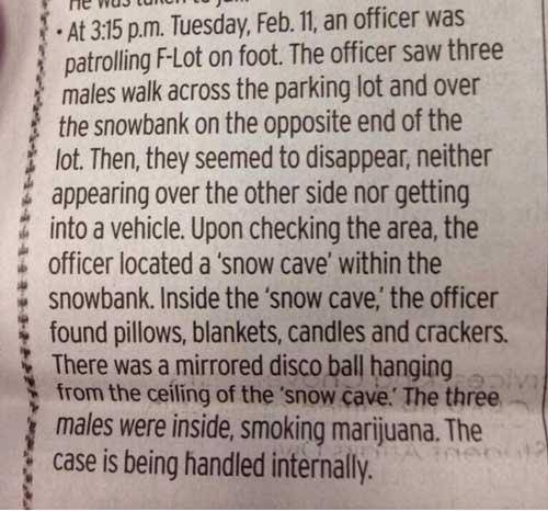 Probably the best police beat story I have seen at my local university.