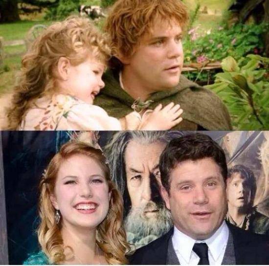Sean Astin with his daughter in Return of the King, and at The Hobbit premiere.