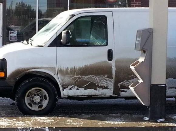 This van my friend saw today looked like a Bob Ross Canvas thanks to dirty snow.