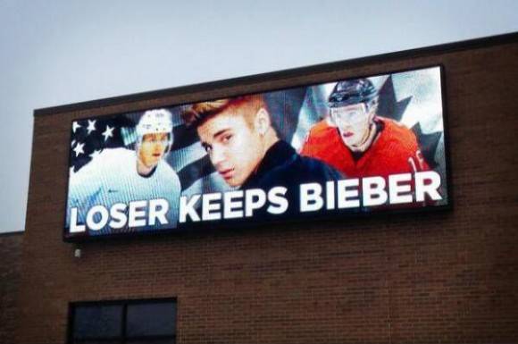 Canada VS USA hockey game tomorrow. This is a billboard in Chicago.