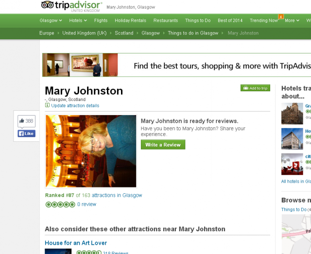Woman in Scotland fills out the wrong form on TripAdvisor. Is now ranked 87 out of 168 attraction in Glasgow.