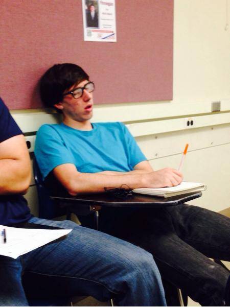 He falls asleep like this in class every day, with the pen just like that. He wakes up, immediately jots down notes, then falls asleep again. When we compare notes afterwards, he has more than I do, and I’m a great note taker. Baffling.