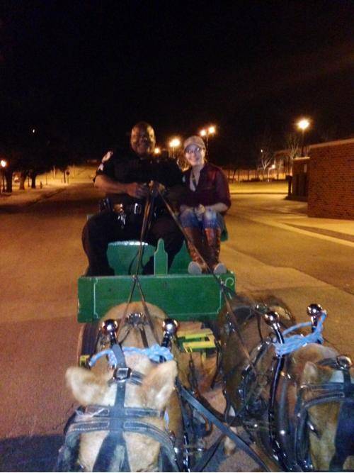 Friend took a mini wagon through campus, got pulled over. Convinced cop to go with them!