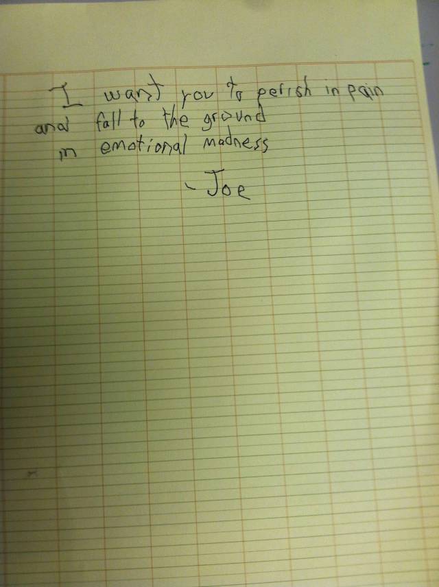 My friend's autistic son wrote this to the girls who threw sand at him during recess