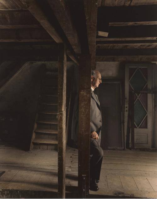 Otto Frank, Anne Frank’s father and the only surviving member of the Frank family, revisiting the attic they spent the war in