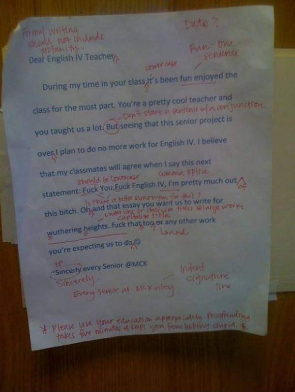 Seniors post this message on their teacher’s door. End up looking stupid.