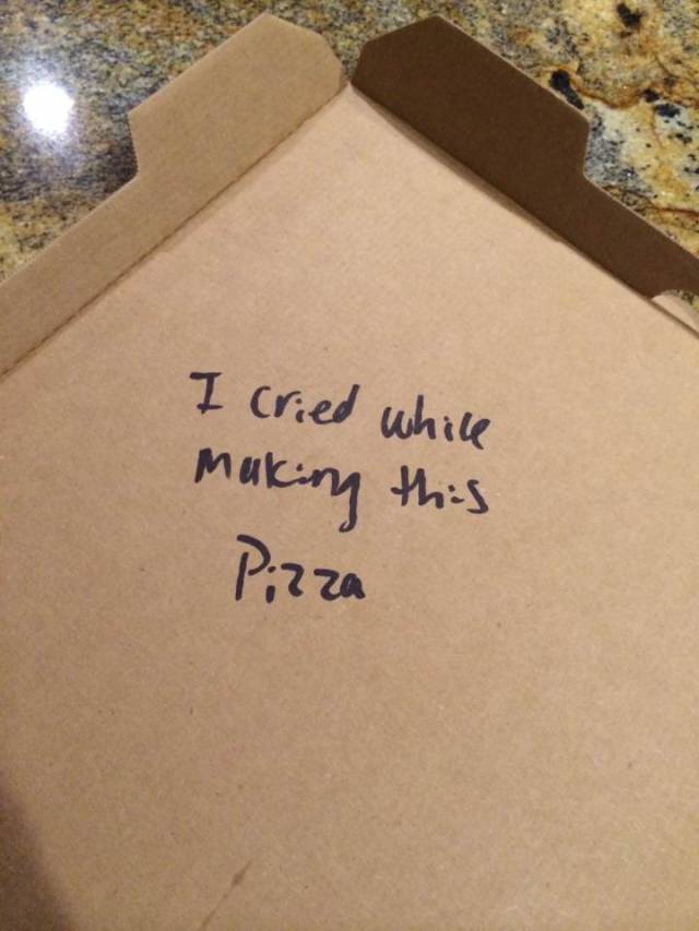 On my friends pizza box. Someone had a bad day.