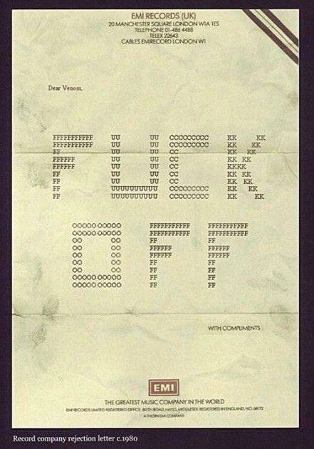 The rejection letter EMI records sent to heavy metal band Venom when they were shopping for a record deal in 1980.