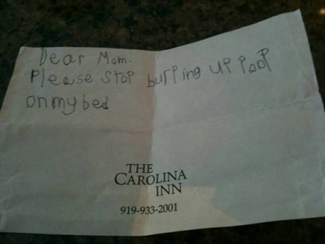 My mom just found this note my sister wrote her when she was six. We have no idea what she was referring to.