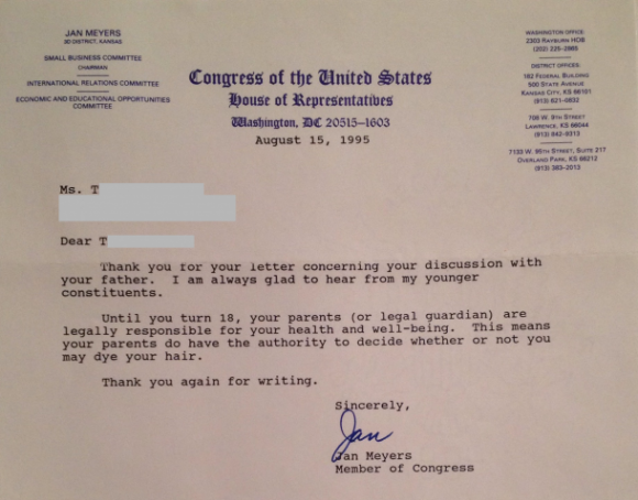 When my sister-in-law was 13, she wrote a letter to her Congress-person. This was the reply 