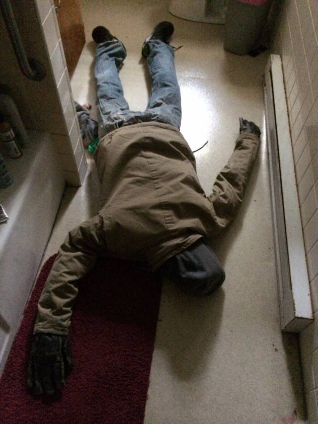 Live with 2 girls who are afraid of their own shadows, left this in their bathroom for April Fools Day with the door shut.