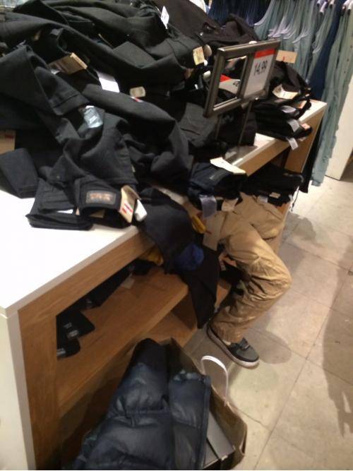 Walking around Macy’s looking for jeans, but found this kid instead. Every other table was neatly stacked. Parents, if you could control your kids, that’d be great.