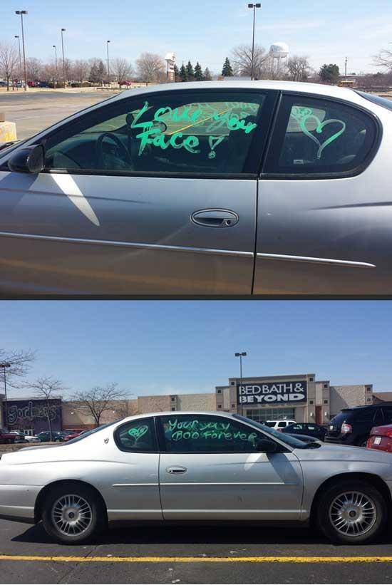 My friend went on a couple of dates with a girl he met online, then broke it off a couple days ago because she seemed scarily needy. This was his car this afternoon. He was in the store for 15 minutes...