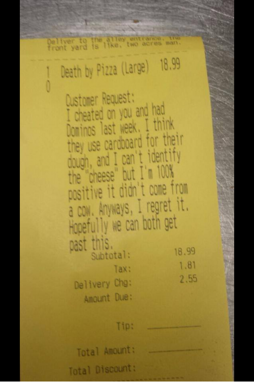 A comment on an online pizza order