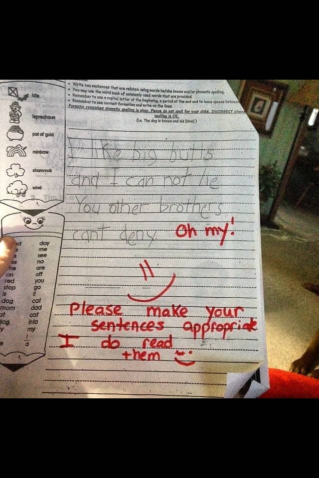 My friends son had to write 2 sentences for homework.