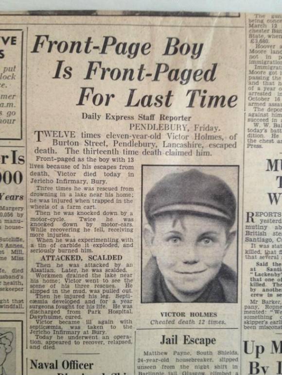 My mam pulled out an old Daily Express from 1937 and this was on the front page. Think i may have found the unluckiest kid in the world...