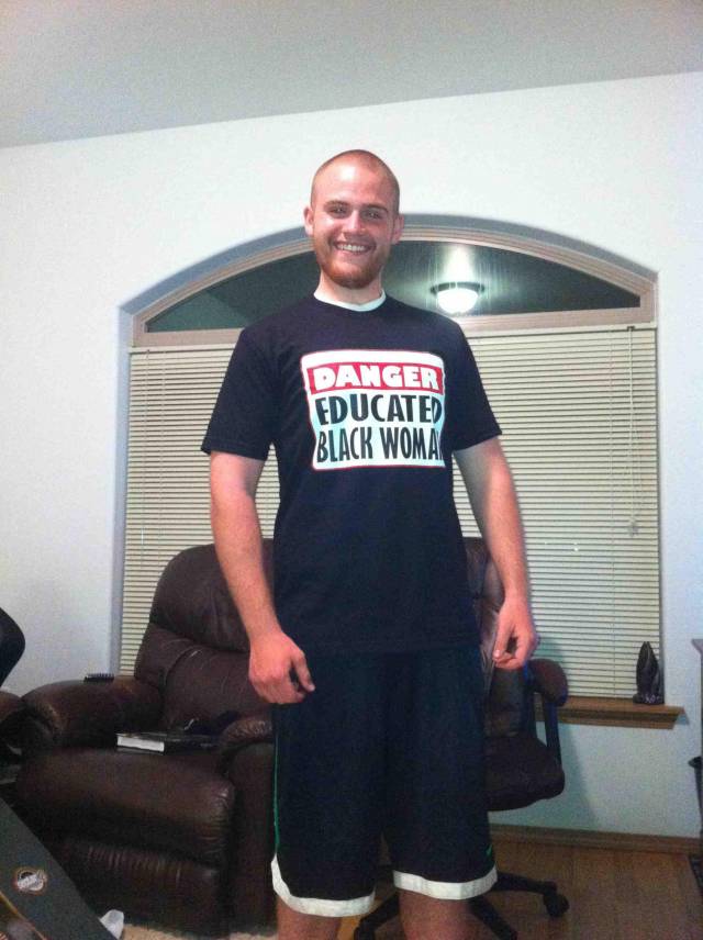 my brother couldn't be more excited about his new shirt