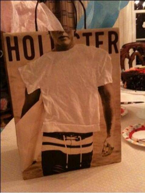 Grandma sent me some Hollister but didnt like the shirtless man on the bag, so she sewed a shirt onto him