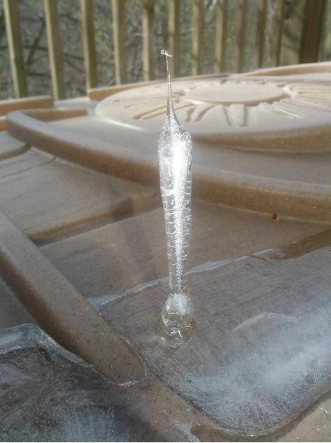 Dew running down a spider’s web made an ice stalagmite on my deck overnight.