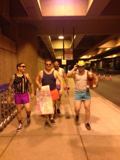 Our buddy was having a really bad week, so we decided to dress up like this and meet him at the airport.