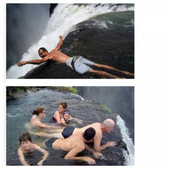 At the top of Victoria Falls there is a pool called Devil’s Pool which has calm waters between September and December, meaning you can swim in it. Still, it’s 360ft down.
