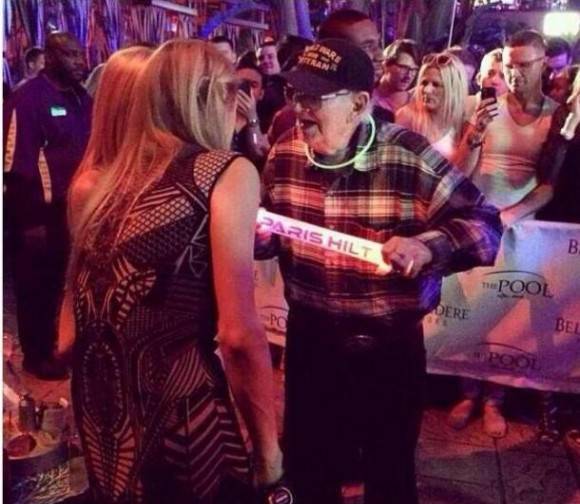 Paris Hilton took this WWII vet to VIP in Atlantic City's Harrah's Pool. He hung out with her until 3am and all the guests were thanking him for his service.
