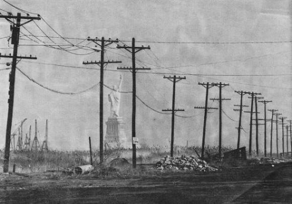 The Statue of Liberty as seen from Jersey City in 1973. Looks like some sci-fi dystopia.