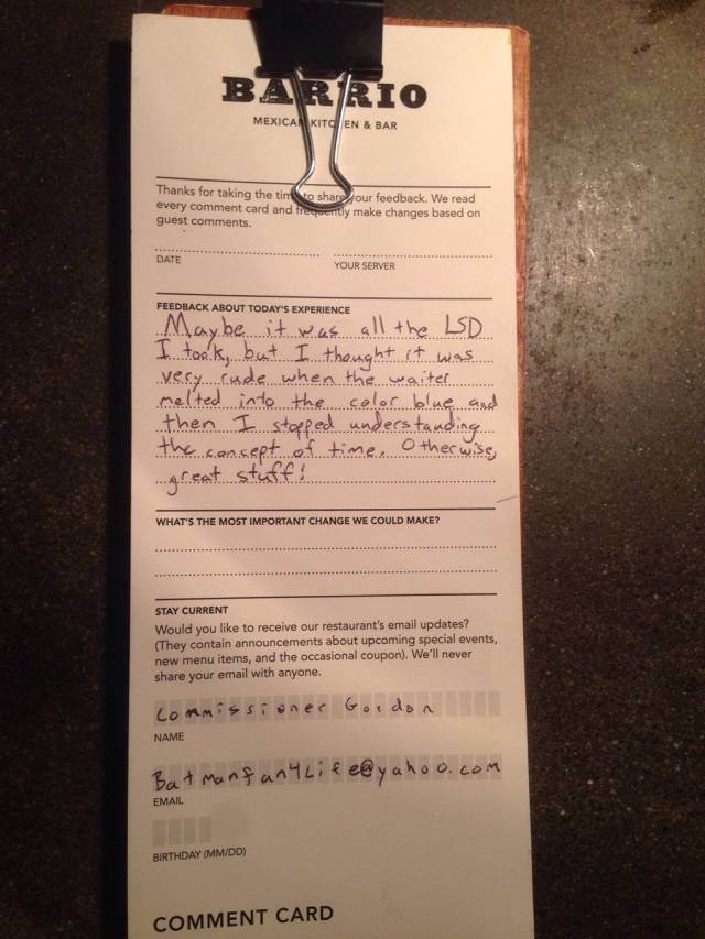 Couldn't believe the comment card I got at work last night