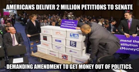 A coalition of groups united to get money out of politics made history on Tuesday when they walked down a packed US Senate Committee hearing to deliver 2 million petitions calling for a Constitutional Amendment for Free and Fair Elections.
