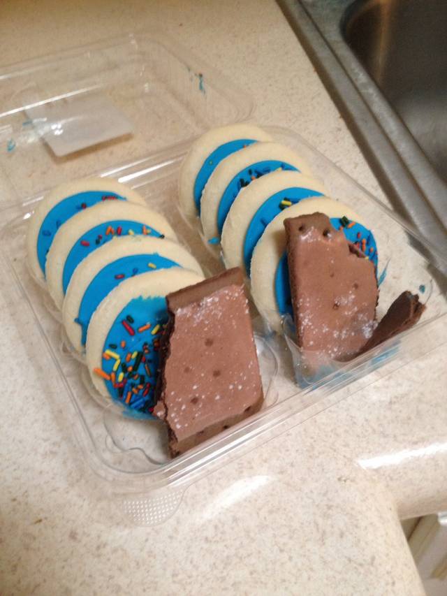 Little bro was staying for the night, I went to bed early, told him to help himself to any sweets (chocolate pop tarts, ice cream, etc) but asked that he not eat my favorite cookies. Woke up to this.