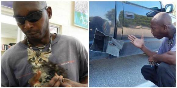 This 50 year old Fl. man cut this kitten out of his car once he heard it making noise.