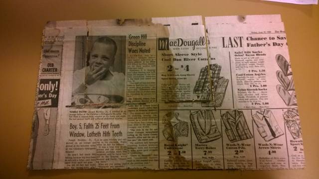 55 yr old newspaper found while demolishing fireplace. I appreciate this reporters sense of humor.
