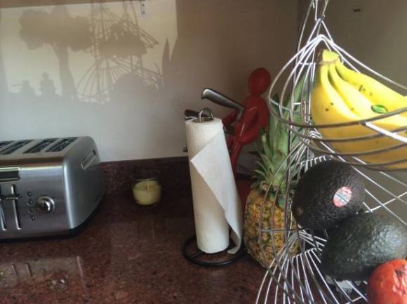 The reflection of kitchen appliances looks like people on a park