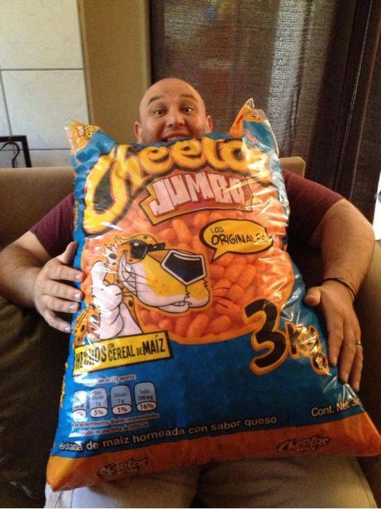 My buddy’s sister went to Tijuana and brought him back the biggest bag of Cheetos I’ve ever seen.