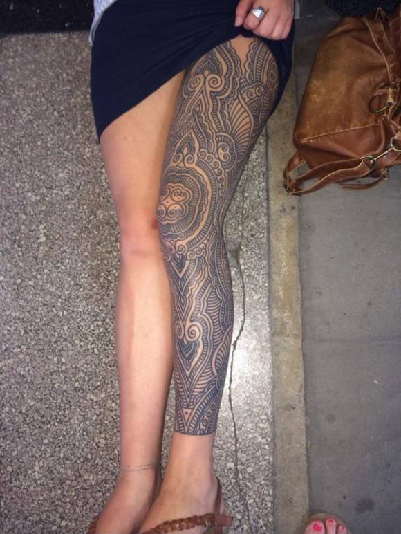 Tattoo spotted on a girl in Boston. She said she sat for 9 hours and got her entire leg done in one sitting. Pretty awesome!