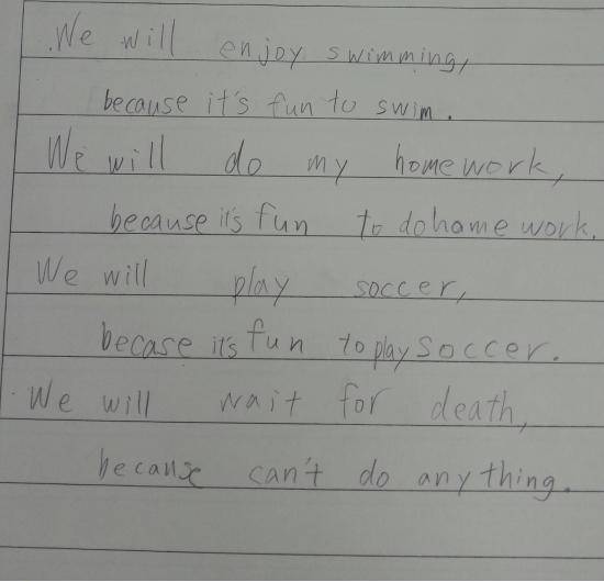 I asked my Japanese Junior High students to tell me what they would do if shipwrecked on an island. It got very dark very fast.