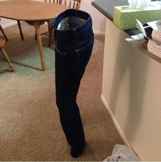 My friend’s denim jeans are so thick they can stand up on their own.