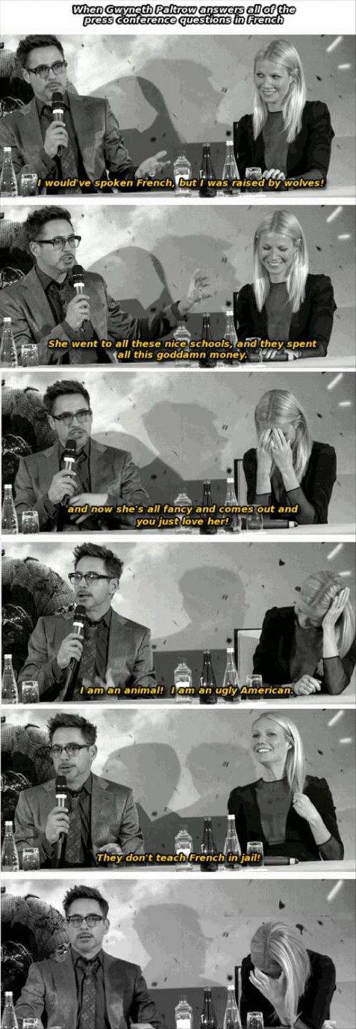 Robert Downey Jr. and Gwenyth Paltrow at a French press conference