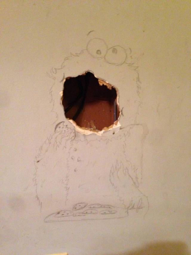 My friend accidentally put a hole in his wall while moving furniture. I came up with a quick fix