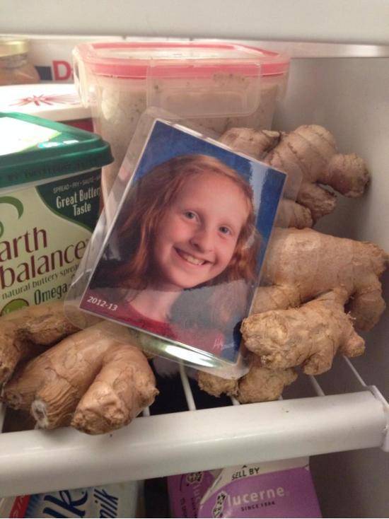 My friend's red-haired daughter has a self depricating sense of humor, she put this in the fridge.