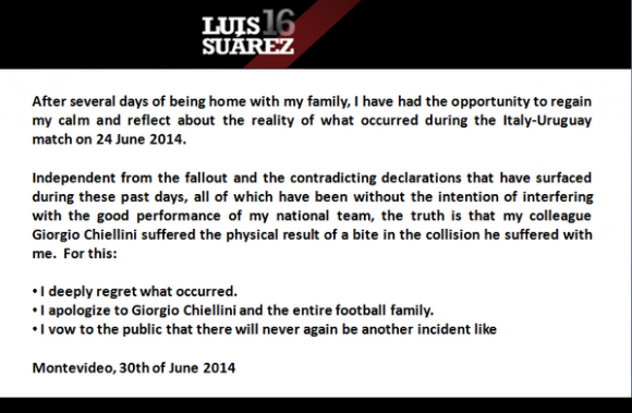 Official LUIS SUAREZ apology to Chiellini on his twitter.
