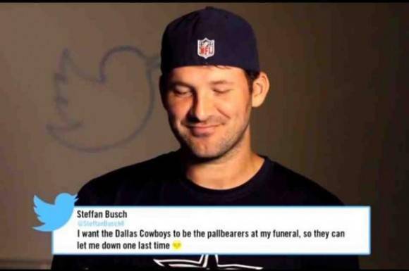 Tony romo reading mean tweet about himself.