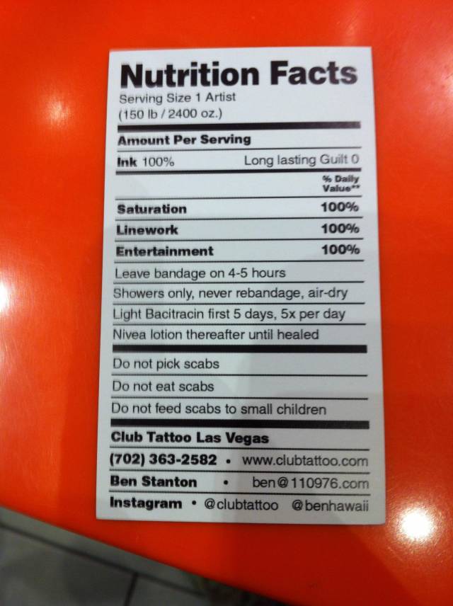 Business card for Vegas tattoo shop shows nutritional facts of the tattoos they give.