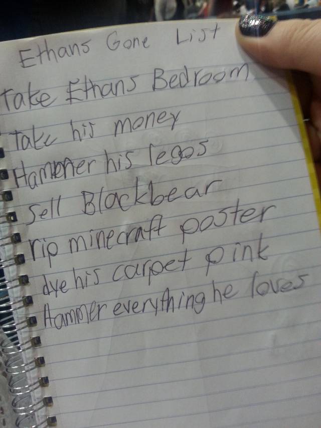 My daughter's list in case anything happens to her older brother