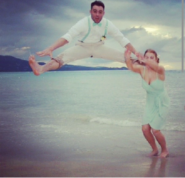 So I jumped, kicked this bridesmaid in the head, and ripped my pants