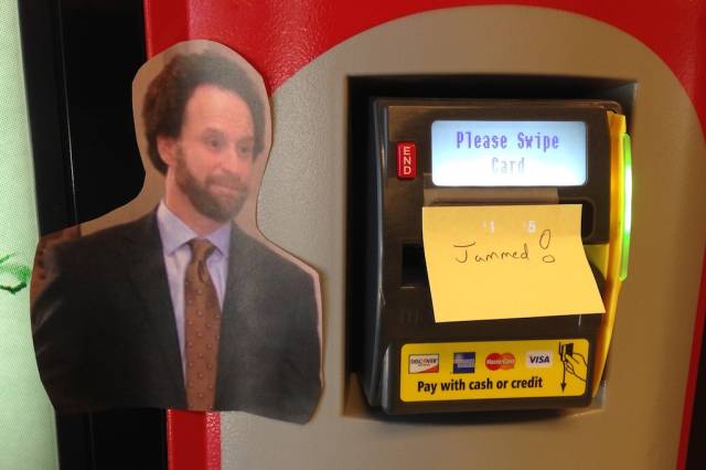 The soda machine downstairs is jammed.